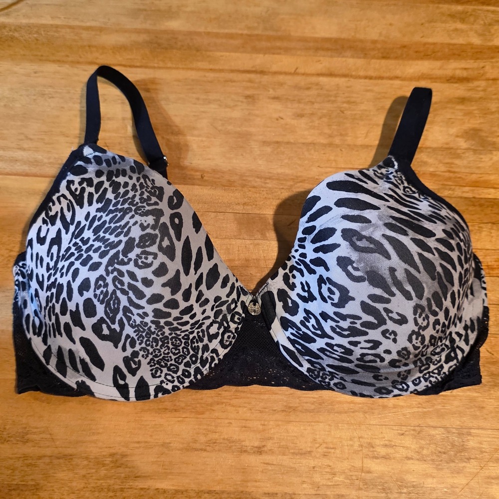 Natori Bliss Perfection Animal Print Lace Trim Underwire Contour Bra Black 34D